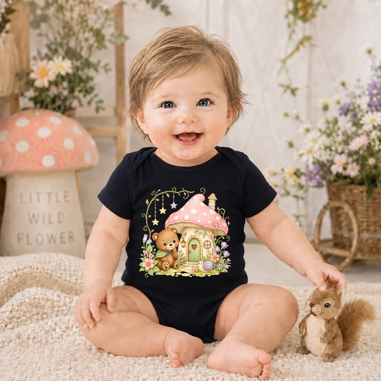 Cute Bear Mushroom House Print Baby Bodysuit Summer Short Sleeve Newborn Romper Infant Boys Girls Onesie Soft Cotton Baby Clothe