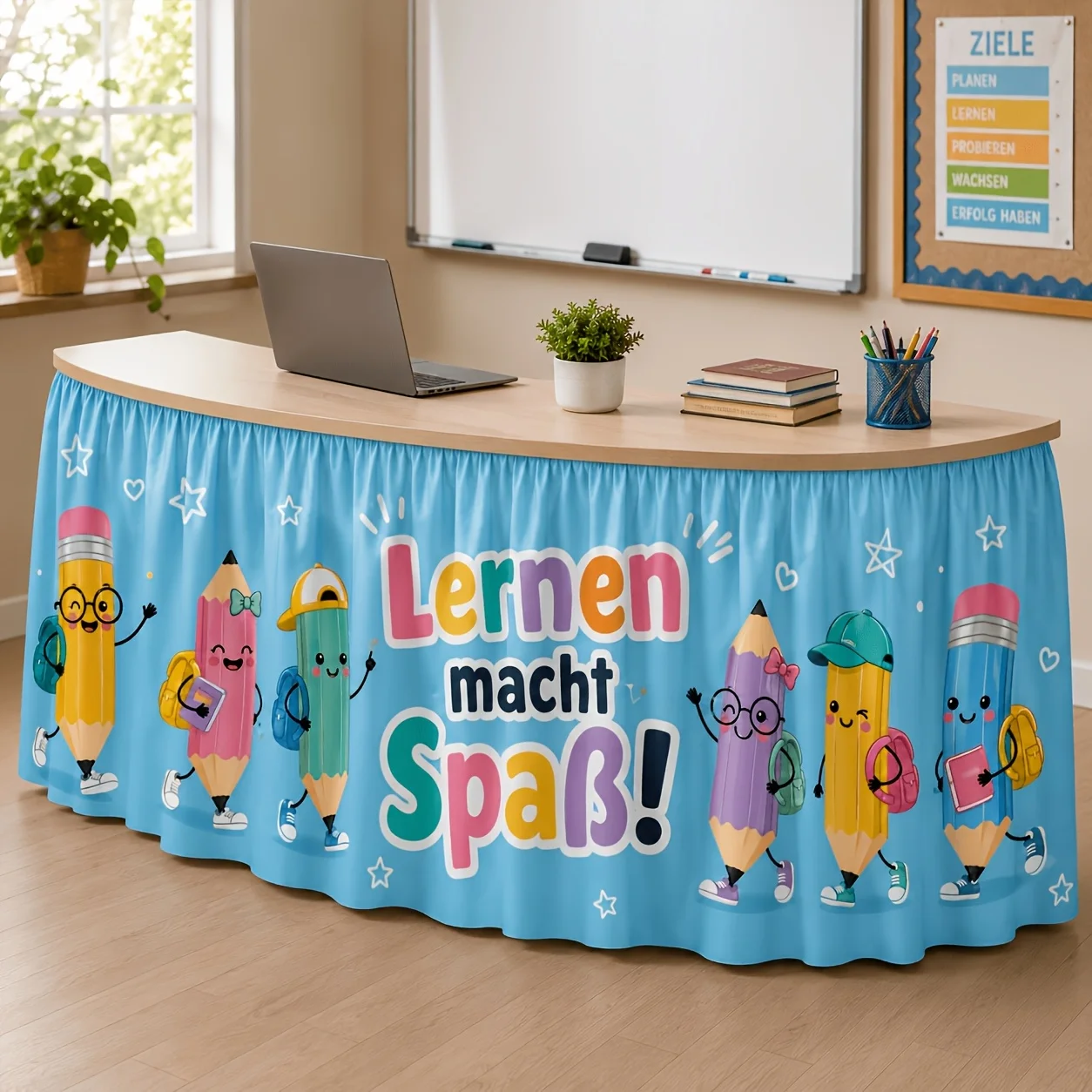 Party tablecloth, table skirt, 1 piece, School Supplies Print Table Skirt, blue learning supplies theme