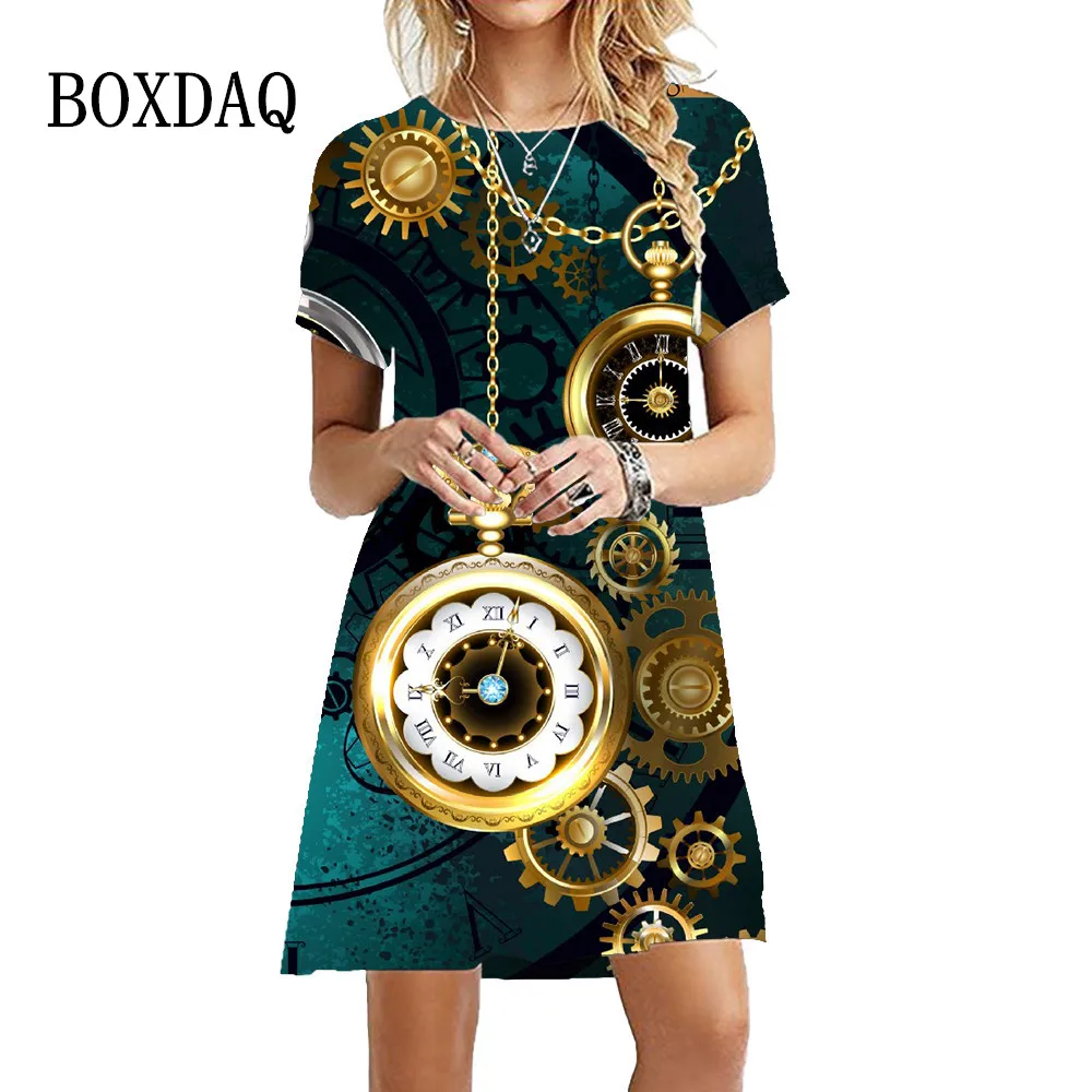 Vintage Steam Engine Punk Print Dress Women Pocket Watch Short Sleeve Dress Summer Oversized Clothing Casual Retro Mini Dress