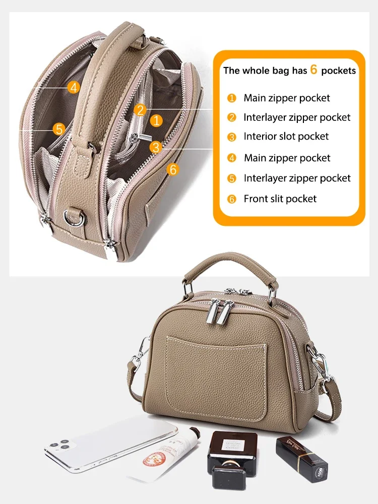 Zency Genuine Leather Medium Size Khaki Top Handle Handbag Women Shoulder Bag Satchel Crossbody Bag New Trendy