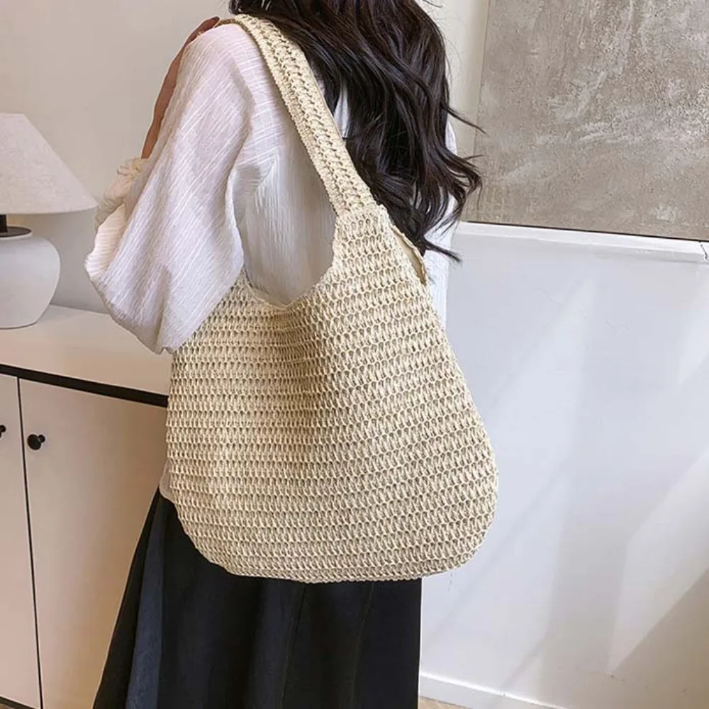 

with Ribbon Woven Tote Bag Hollow Out Breathable Shopping Straw Bag Khaki Large Capacity Summer Beach Handbag Vacation