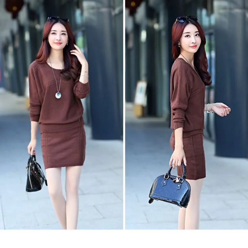 Spring Autumn Knitted Suit Women's New Korean Long Sleeve Knitting Sweater Pullover Top High Waist Half Skirt Two Piece