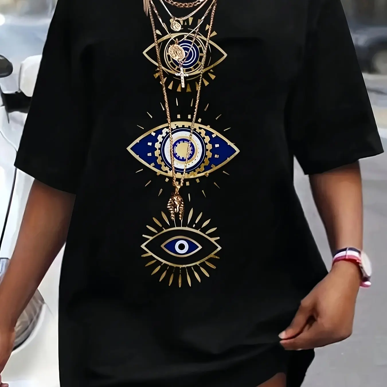 숙녀 봄 여름 패션 캐주얼 루즈한 사랑과 평화 패턴 프린트 라운드 넥 반팔 티셔츠 드레스