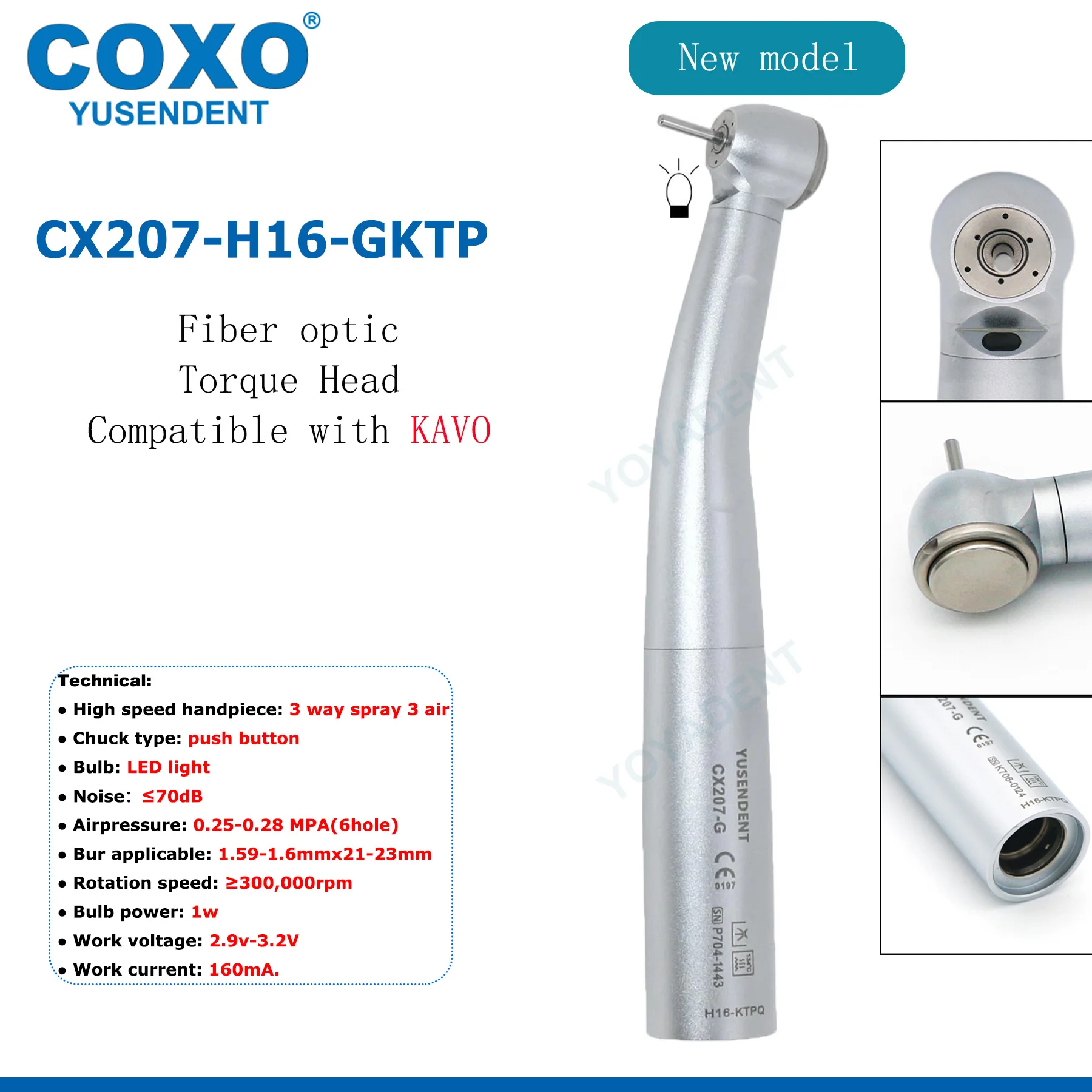 COXO CX207-G Tandheelkundige Turbine Fiber Optic Hoge Snelheid Handstuk FG Bur Handstuk Standrad/Koppelkop LED Koppeling 6 Pin Fit KAVO