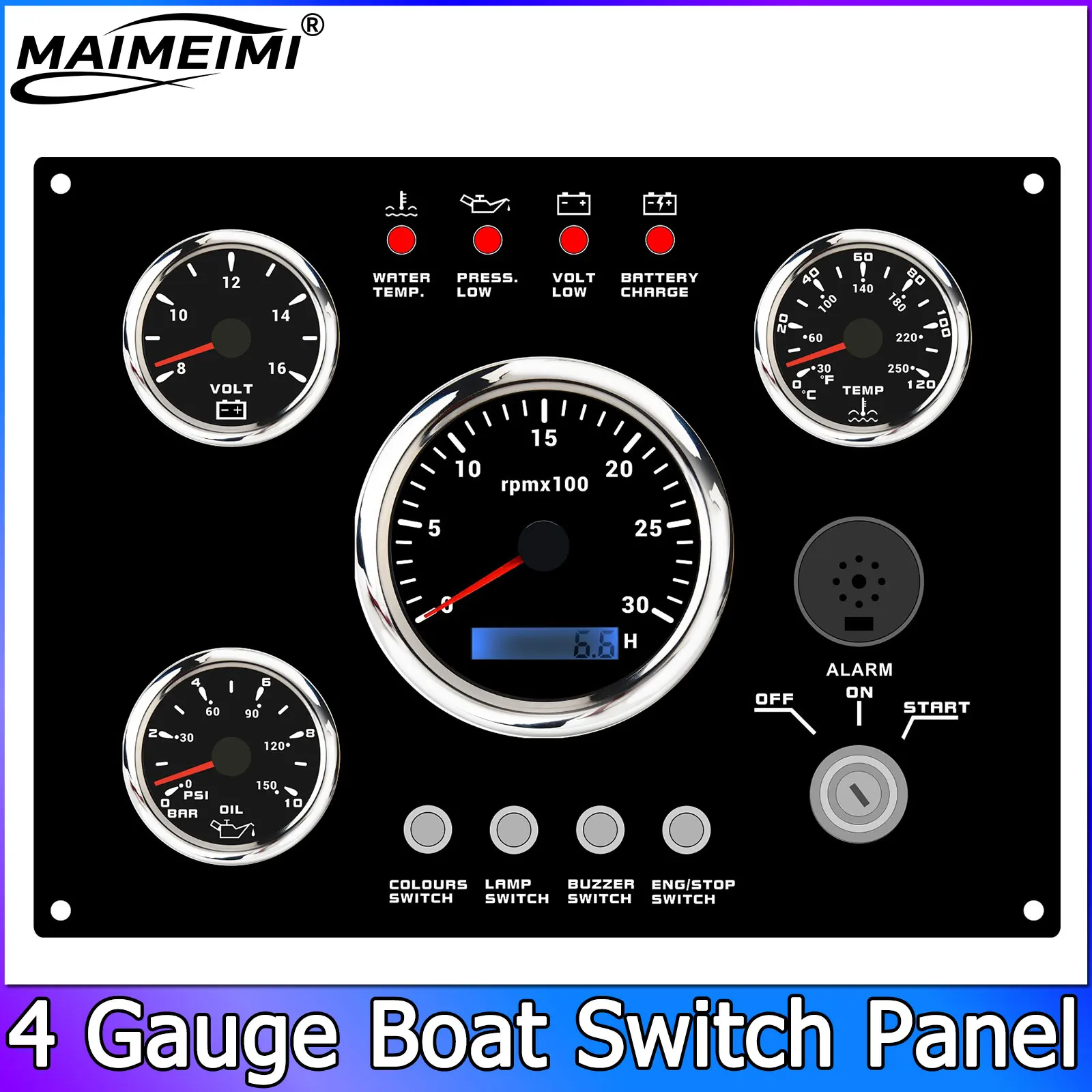 

Панель переключателей для лодки с 4 калибрами, морской 12 В, 7 цветов, 85 мм, тахометр, 3K об/мин, 52 мм, измеритель температуры воды, масла, вольтметр