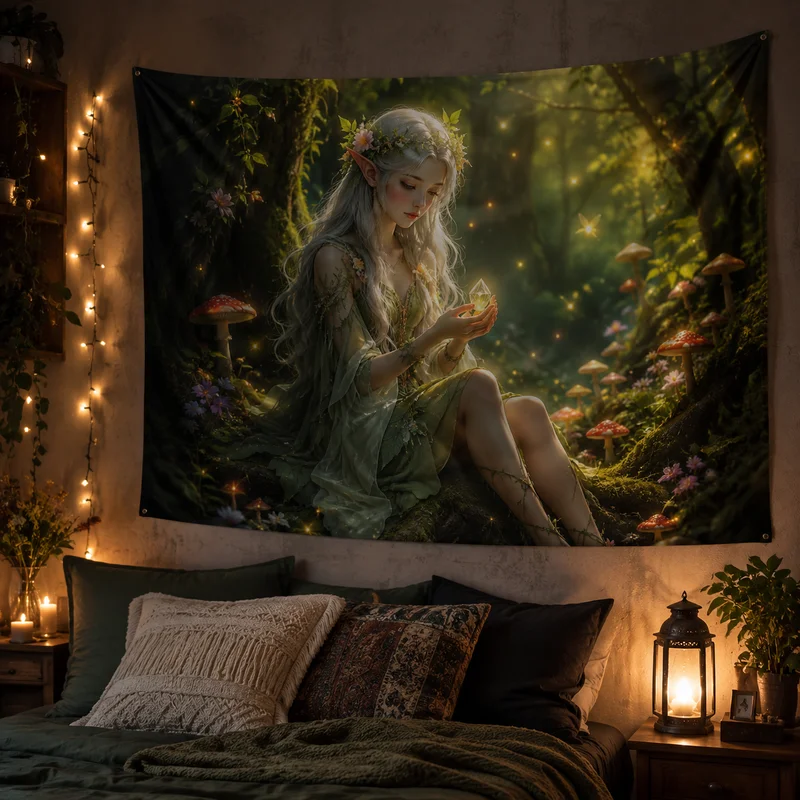 VIKAMA Rose Garden Pink winged Flower Fairy Tapestry Dreamy Sweet Girl Wind Glowing Rose Fairy Hanging Cloth Anime Room Decor