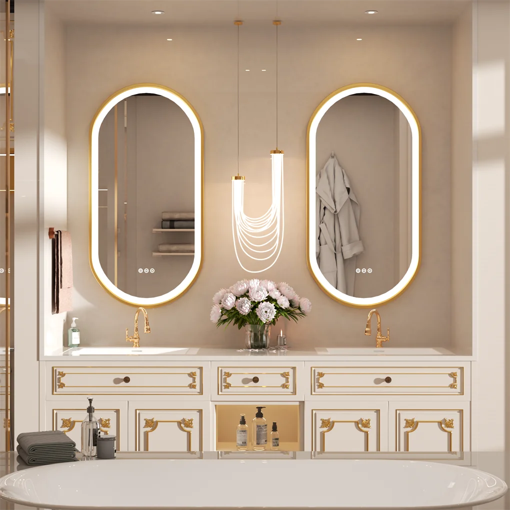 LUVODI Luxury Oval Led Illuminated Bathroom Mirror Gold Aluminum Frame with Demister Pad