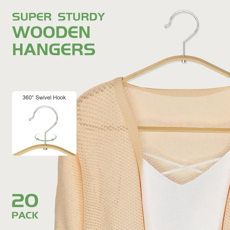 Bamboo Hangers 20 Pack - Durable & Slim Coat Hanger - Suit Hangers with 360-Degree Rotatable Hook, Suit Hangers