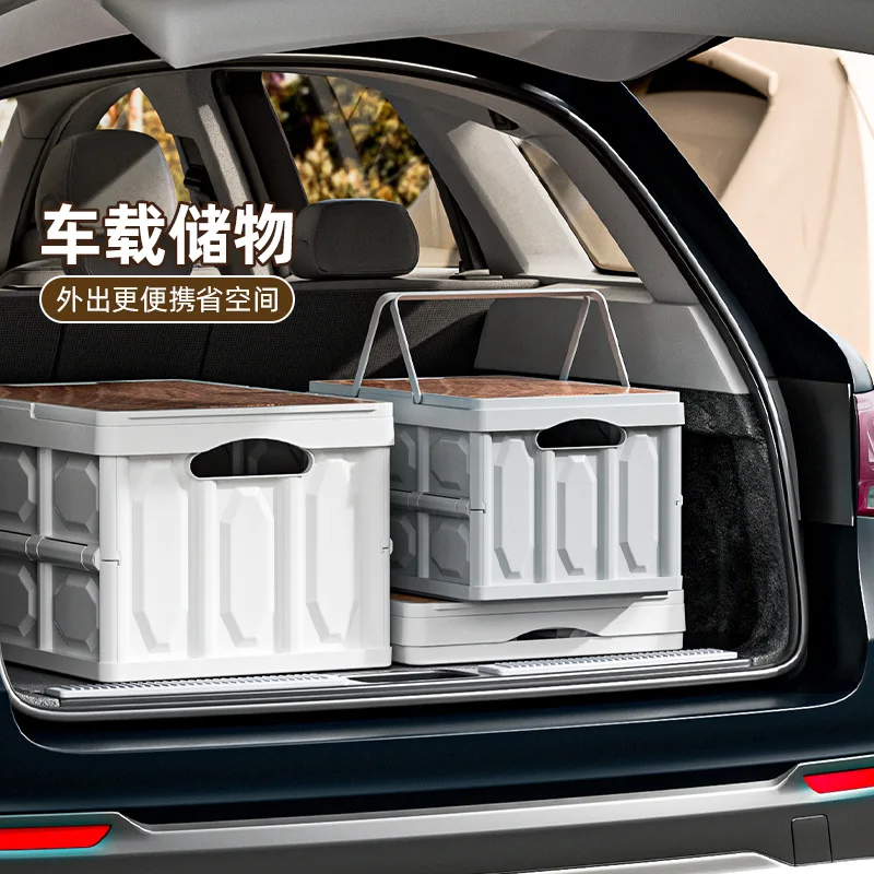 Outdoor storage box, camping box with wooden lid, large capacity, suitable for car trunk, portable, for organizing items during