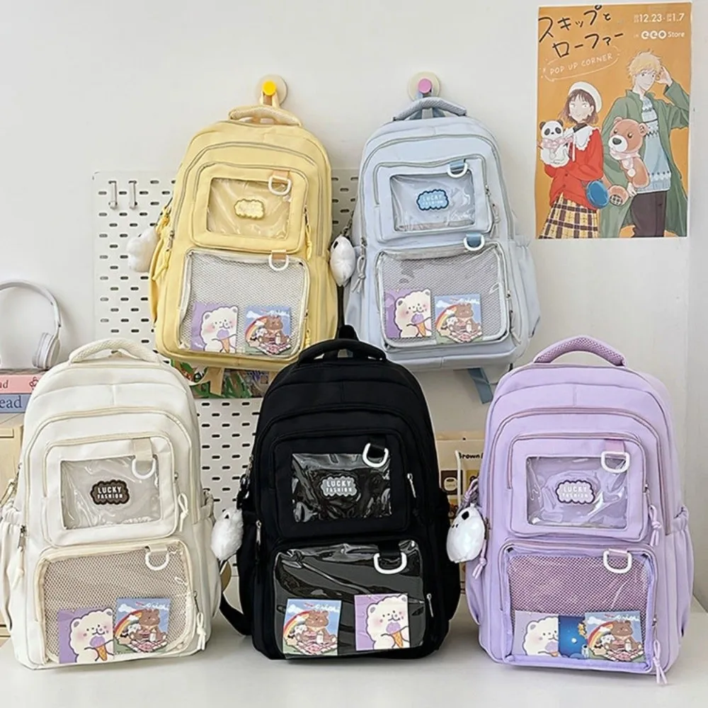 Solid Color Nylon Ita Backpack Durable Transparent Students School Bag Fixed Webbing Scratch Prevention Large Capacity Daypack