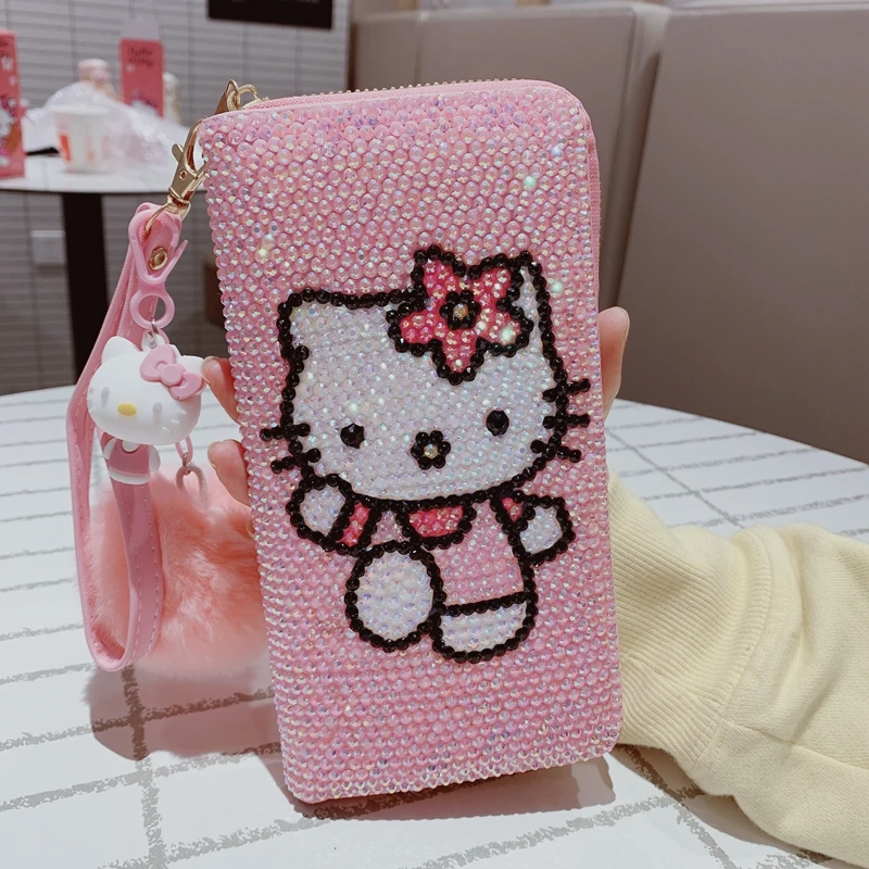 Sanhos New Cute Full Diamond Hello Kitty portafoglio Full Diamond Girl Heart Kawaii Anime portafoglio con cerniera lunga borsa per telefono regalo