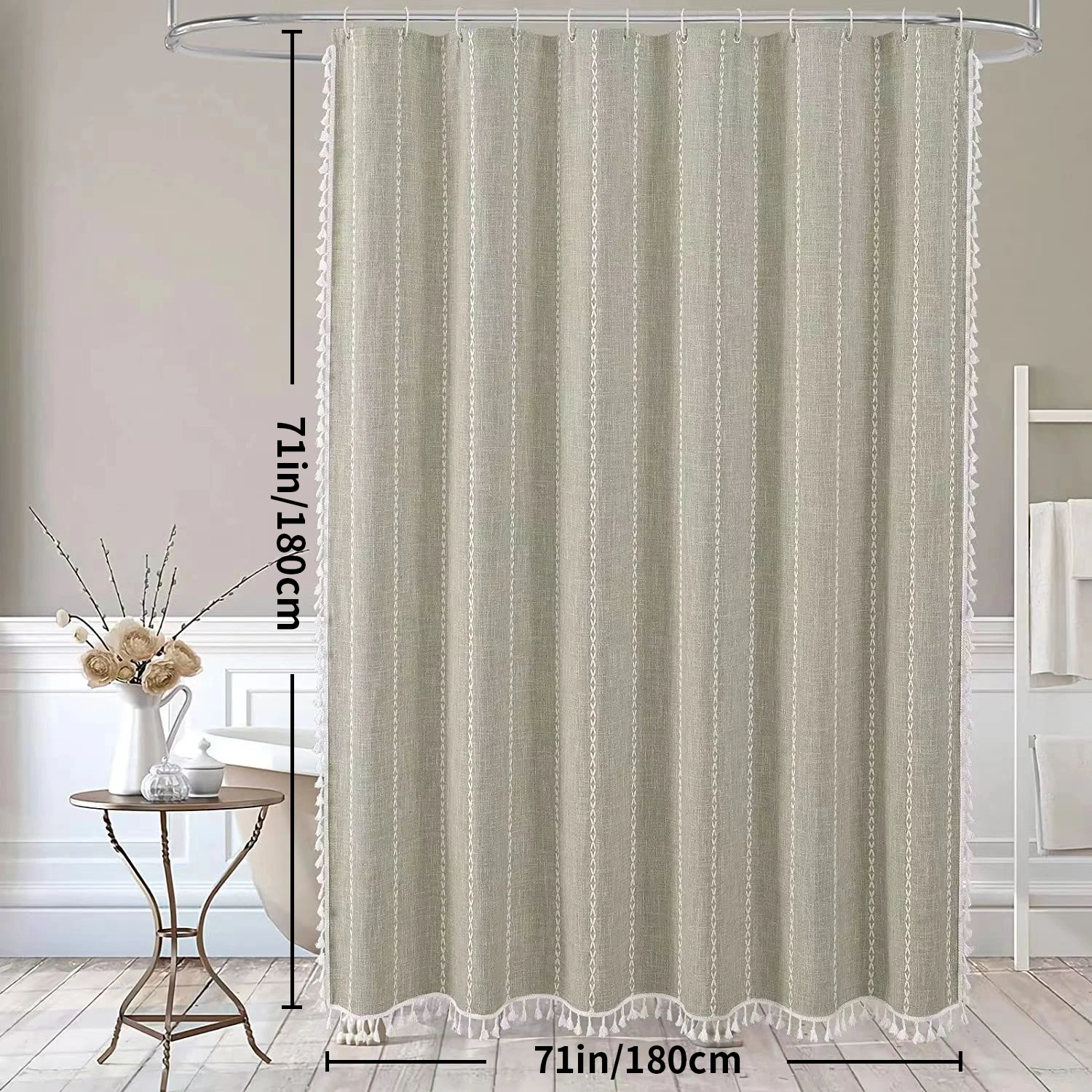 1PC Bohemian Tassel Shower Curtain Modern Heavy Industries Linen Blend Bathroom décor, waterproof and washable, 12 plastic hooks