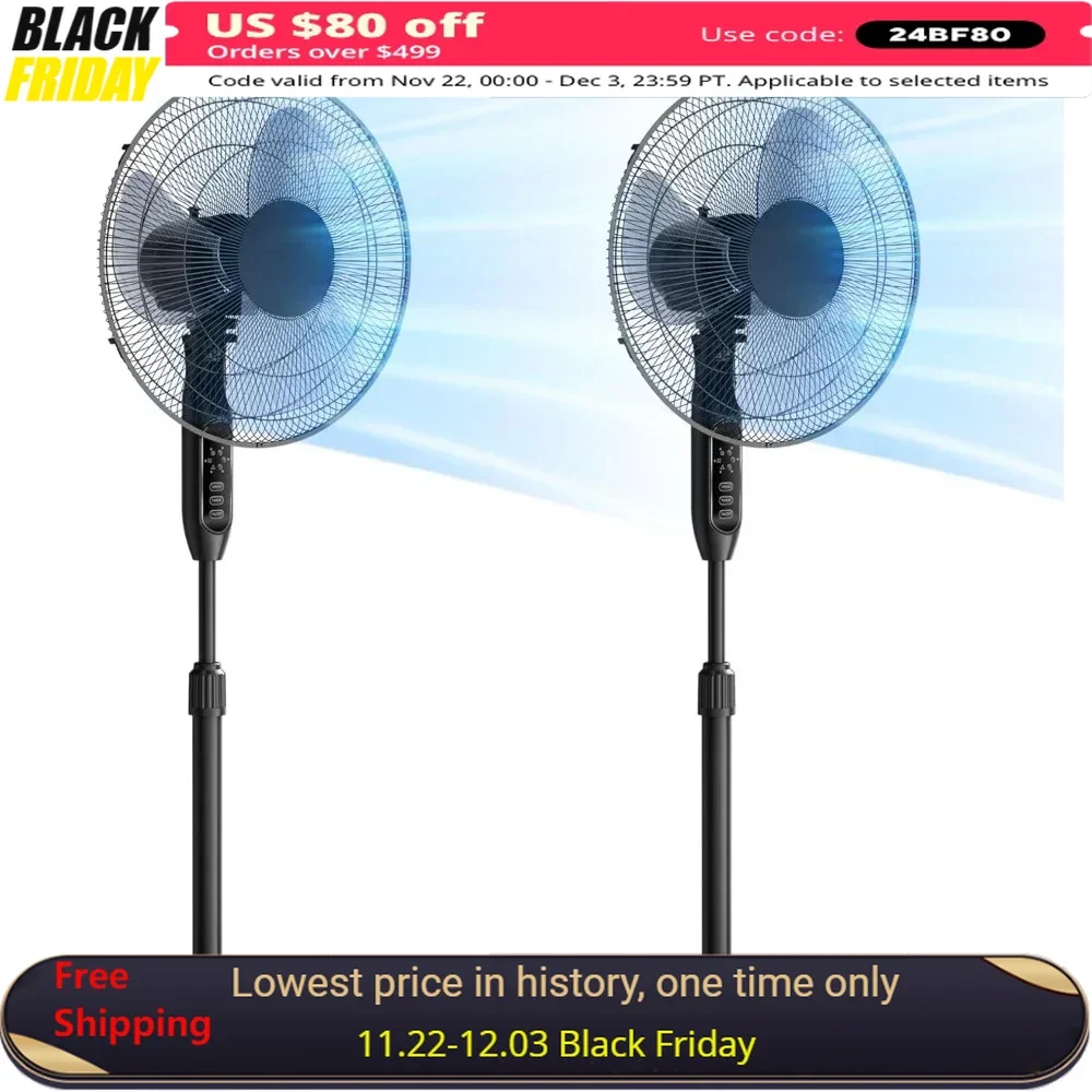 Standing Fan with Remote Control 2 Packs, 3 Speeds Settings 7H Timer Ultra Quiet Adjustable Heights, Standing Fan