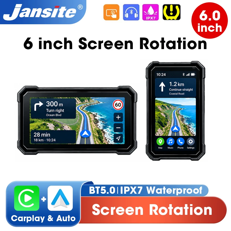 Jansite Portable 6 inch Screen Rotation Motorcycle Carplay GPS Navigation Bluetooth Android Auto Digital Dashboard Moto Monitor