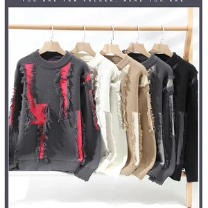 سترة ممزقة للرجال فضفاضة طاقم الرقبة متماسكة أسفل قميص لطيف ملابس الخريف أزياء العلامة التجارية سترة سترة أفضل 8 كنزات صوفية مصنوعة يدويا مبيعا - رقم 5