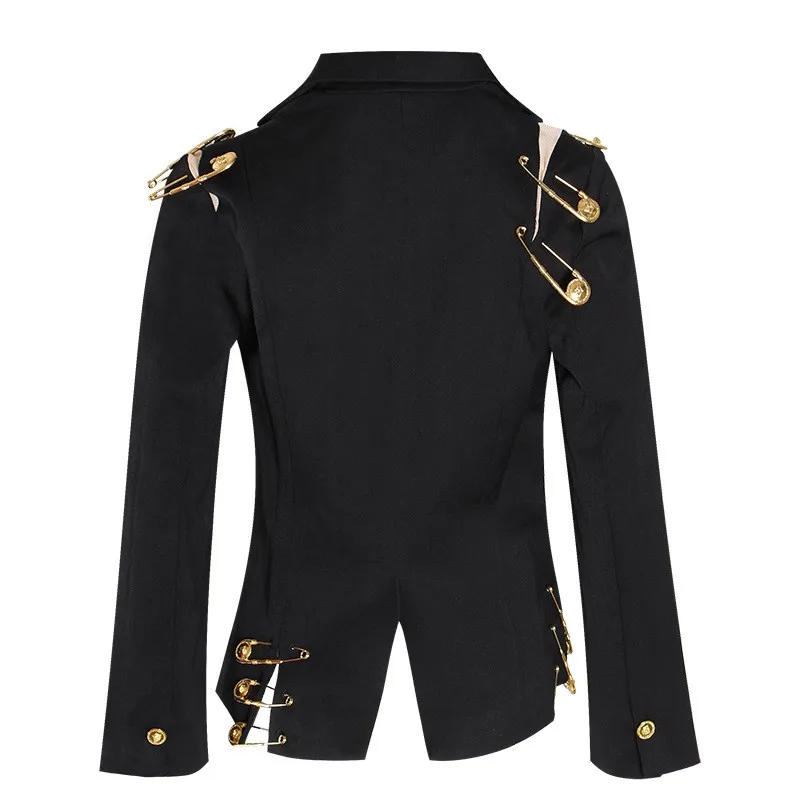 Long Sleeve Patchwork Suit Regular Length Edgy Street with Notched Lapel Side Slit Streetwear Regular Sleeve Spring Women Suit