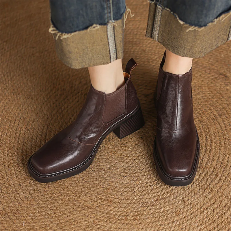 New Autumn Winter Genuine Leather Women Shoes Fashion Square Toe Boots for Women Chunky Heels Women Knight Boots Ankle Boots