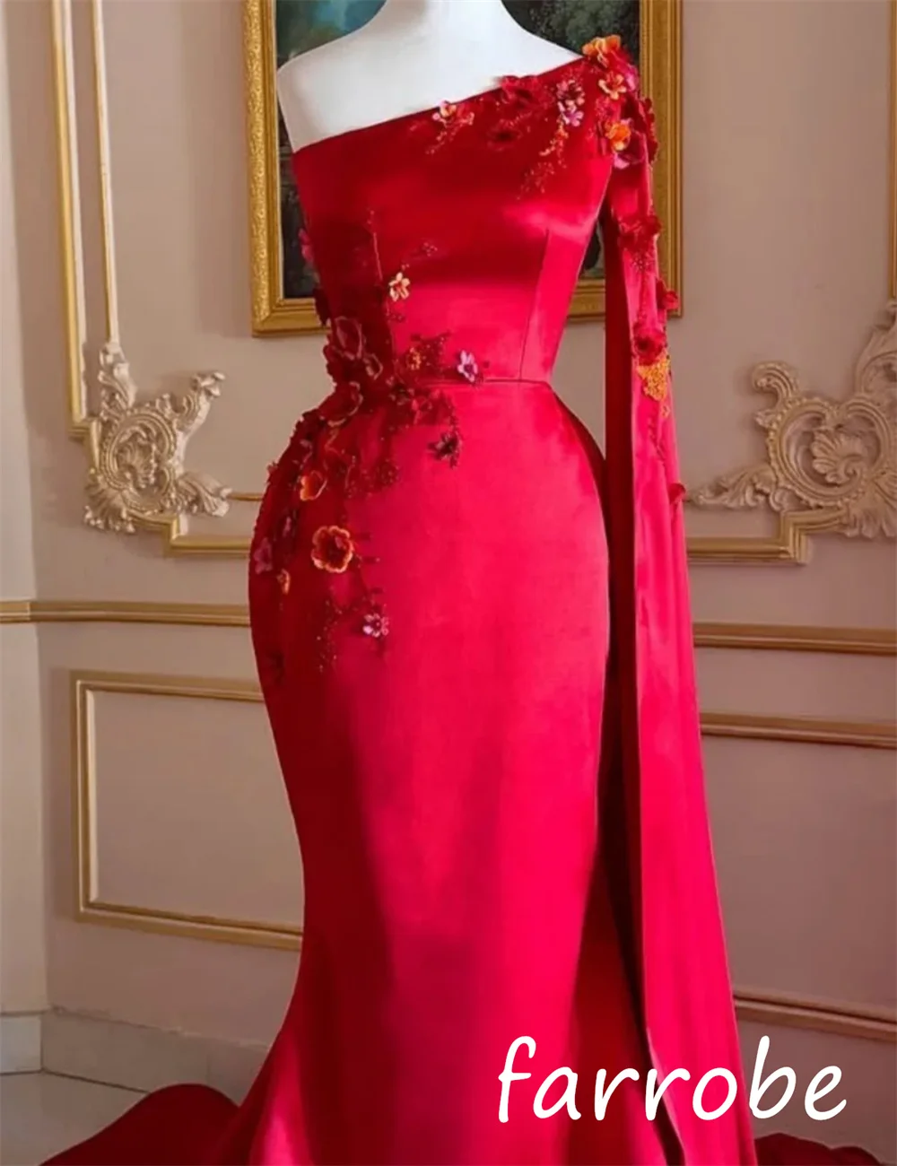 Customized Sizes Available Charmeuse Flower Sequined Trumpet One-shoulder Long Dresses Bespoke Occasion Sexy