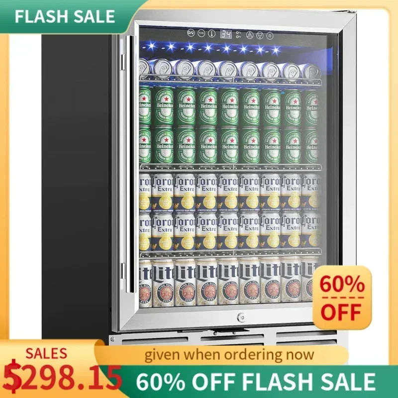 QWEUHOMY 24 Inch Beverage Refrigerator,180 Can Built-in or Freestanding Beverage Cooler,Under Counter Beer Fridge with Glass Doo