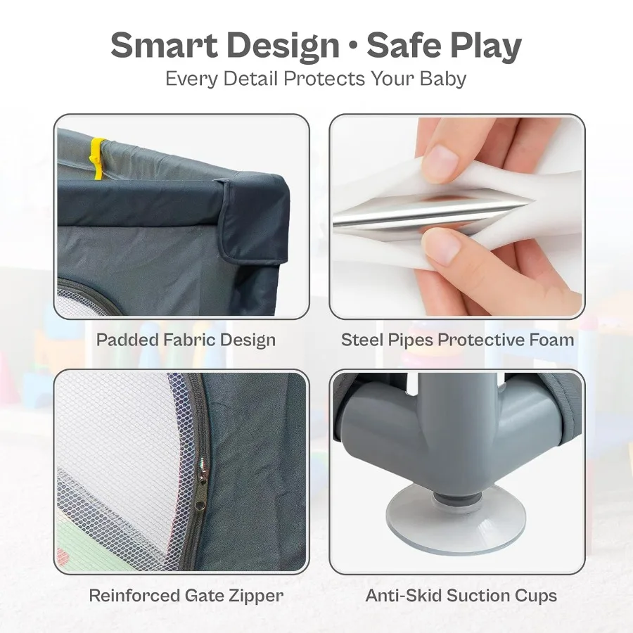 روضة أطفال كبيرة مقاس 71 × 59 بوصة مع شبكة ناعمة قابلة للتنفس وسياج أمان لبوابة بسحاب للاستخدام الداخلي والخارجي سجادة لعب غير قابلة للانزلاق
