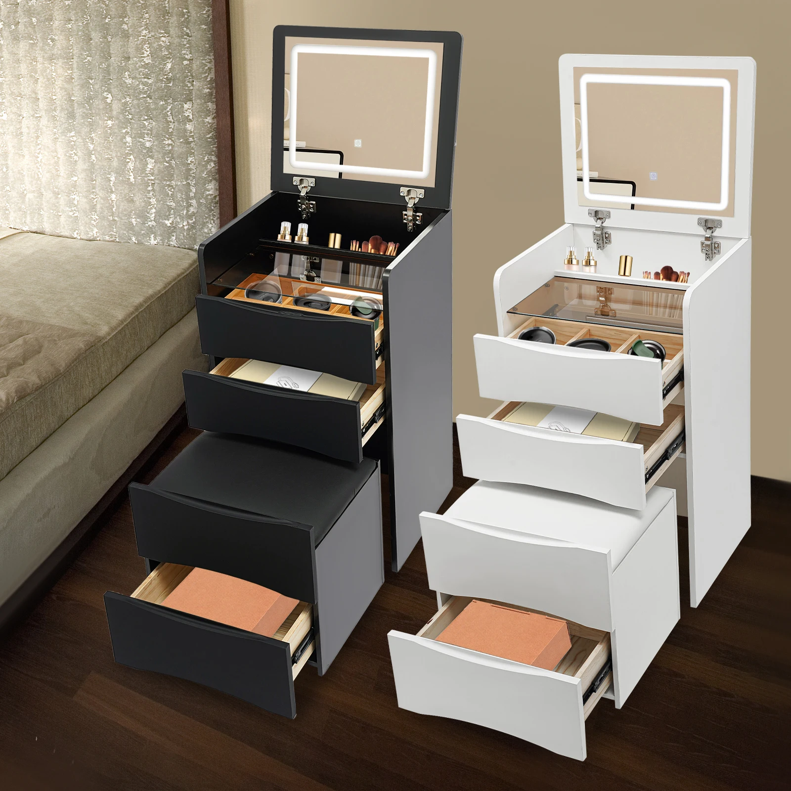 

Встроенный туалетный столик с откидным зеркалом с подсветкой, туалетный столик с внутренней зоной для хранения и табуретом для хранения макияжа, 2 ящиками