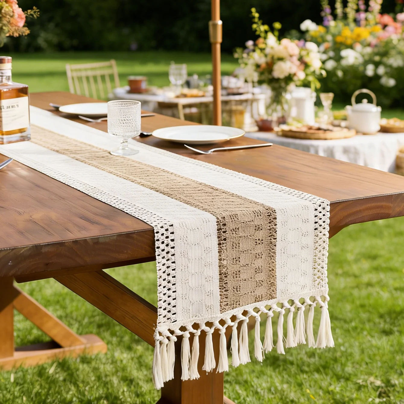 1pc Bohemian Crochet Table Runner - Beige &Khaki Tasseled Edge, For Outdoor/Indoor Dining Table Decor, Spring Garden Parties