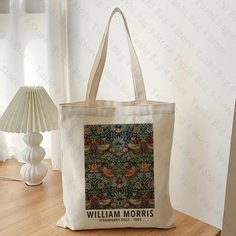 William Morris Strawberry Thief Pattern Print Tote Bags 100% Canvas Luggage Bag Gift for Him Her Vintage Art Nouveau Exhibition