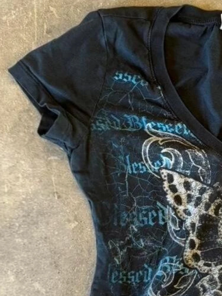 Camisetas Harajuku con estampado de mariposas recortadas de hadas, ropa de calle Grunge Vintage, Tops para mujer, camisas cortas informales estéticas Y2k de verano