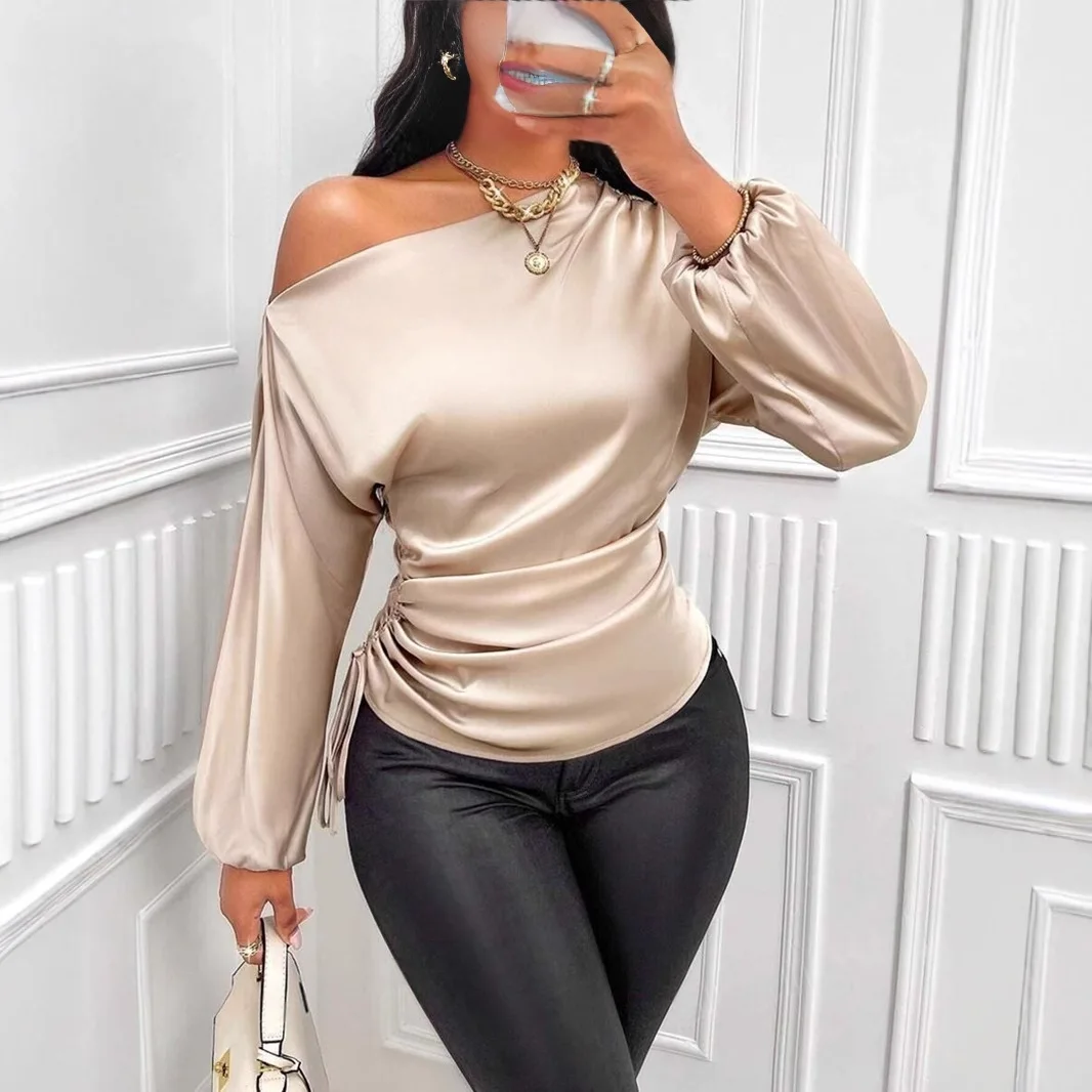 Autumn Winter Temperament Slant Shoulder Long Sleeve Sexy Open Shoulder Loose Slant Collar Design Blouse