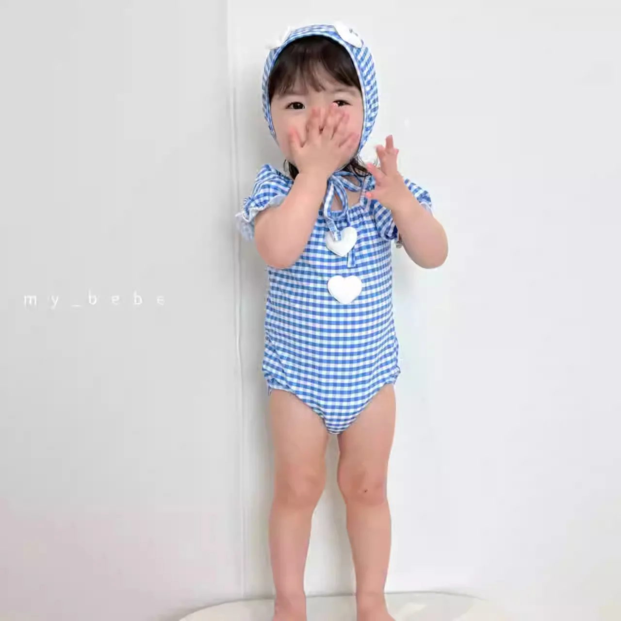 Korean girls swimsuit baby one-piece cute checkered swimsuit little girls quick drying hot spring beach children swimsuit