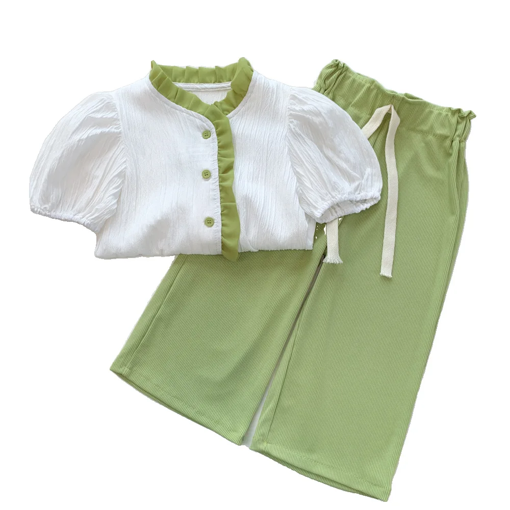 2022 Summer New Girls Clothing Sets Korean Version Of Green Lace Short-Sleeved Top +Nine Points Wide-Leg Pants Sweet 2Pcs Suit