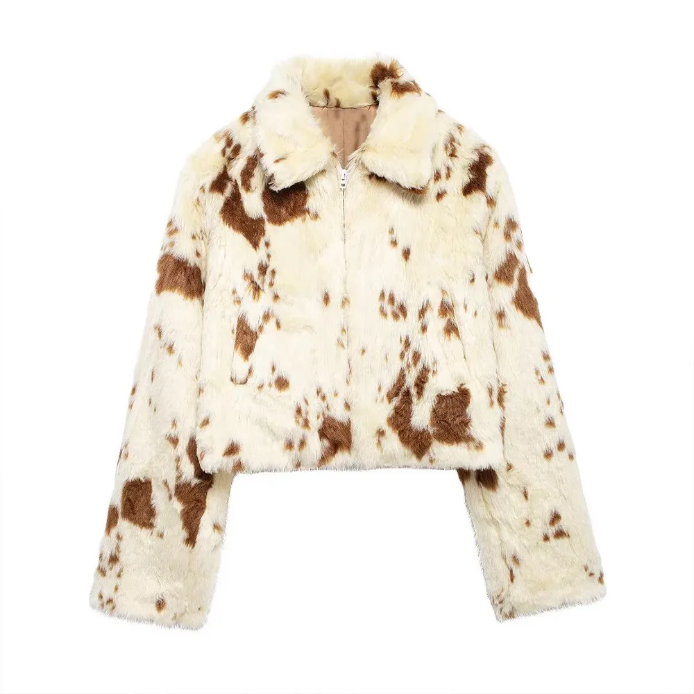 PB&ZA Women 2024 Autumn New Fashion Animal Print Jacket Short Coat Vintage Long Sleeve Casual Chic Female Outerwear