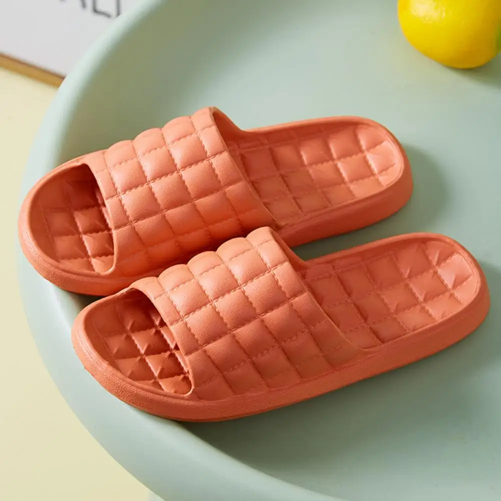 1 Pair Shower Slippers Grid Pattern Solid Color Soft Sole EVA Slip-on Men Women Summer Slides Bathroom Supplies Beach Slippers