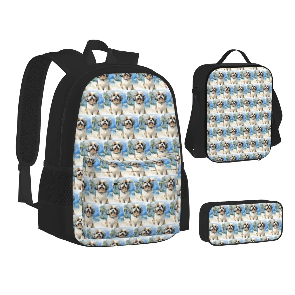 

Shih Tzu On The Beach Backpacks Boys Girls Bookbag Children School Bags Kids Rucksack Lunch Bag Pen Bag Three-Piece Set
