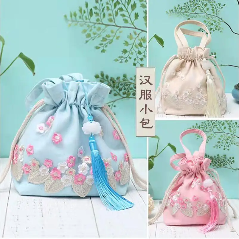 Satin Embroidered Hanfu Bag Vintage Drawstring Bags Ancient Messenger Female Shoulder Bag Artsy Women Shoulder Bag