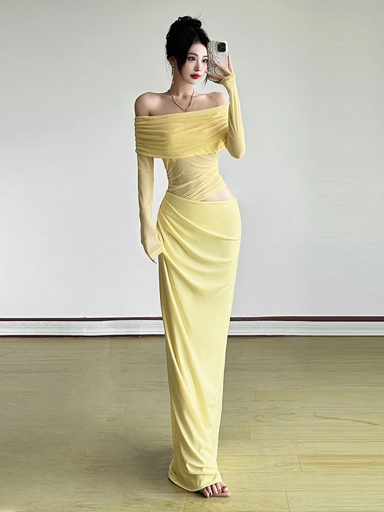 Nibber Mesh Ruches Vrouwen Maxi Jurk Sexy See Through Off Schouder Lange Mouw Schede Vestidos Vrouwelijke Midnight Party Solid Gewaad