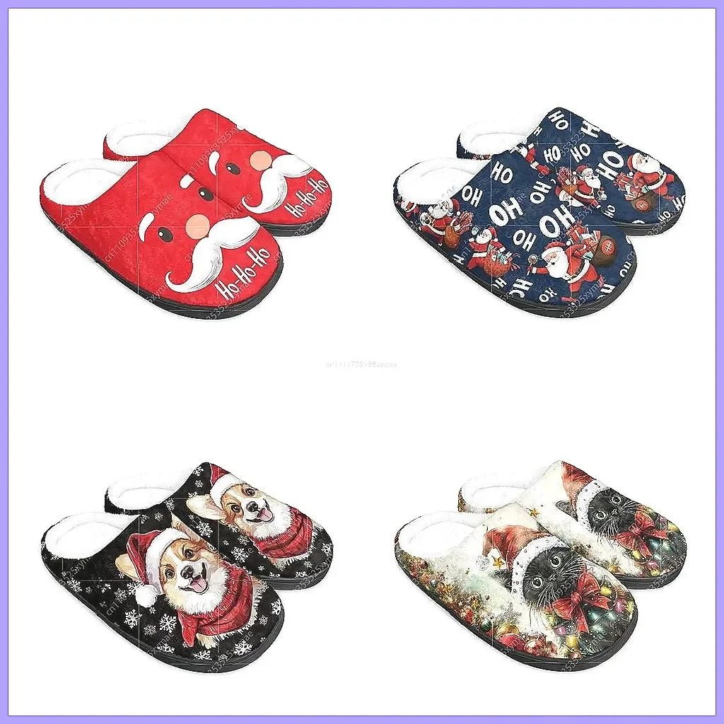 

Christmas Plush Slippers for Men Women, Ho Ho Ho Corgi Cat Design, Warm Non-Slip Indoor House Shoes