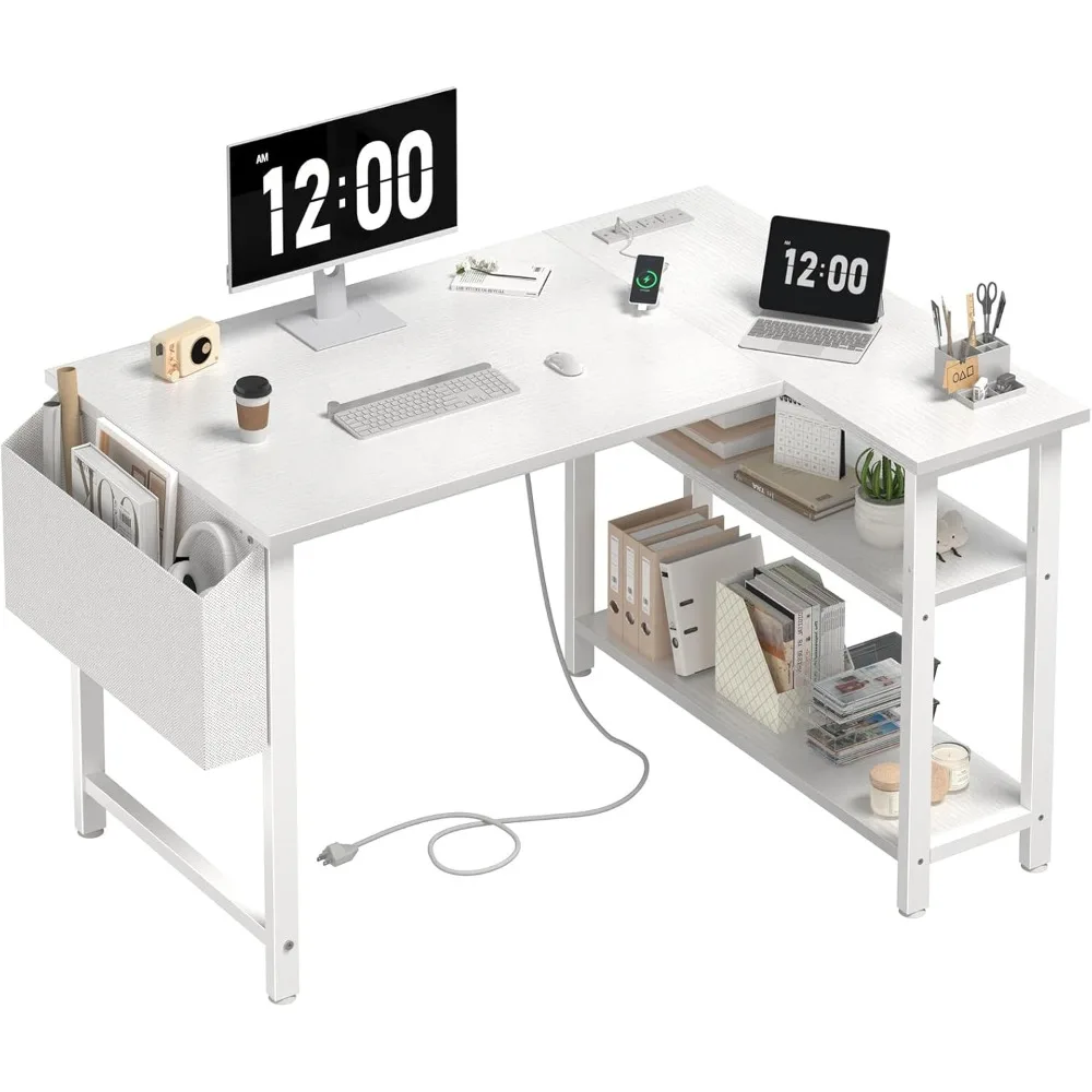 L Shaped Computer Desk with Power Outlet Shelves, 40 Inch Small Corner Desk for Small Space Home Office, Study Work PC Desks