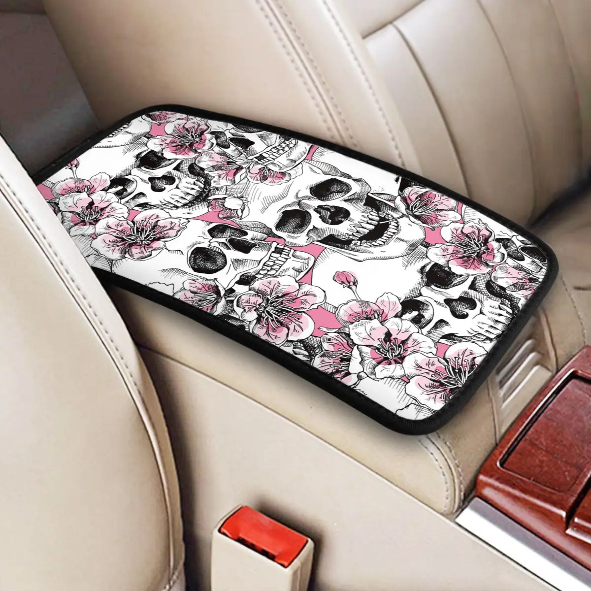 Four Seasons Car Armrest Cover Mat Floral Skull Breathable Center Handle Box Pad Cushion Pink Cherry Car Interior Accessories