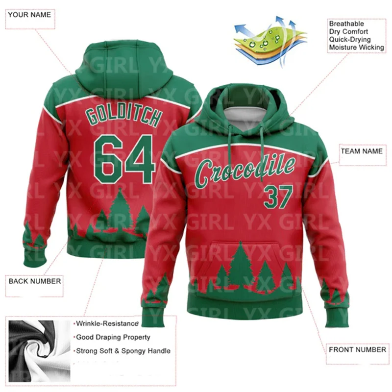 Custom Text and Numbers Red Kelly Green-White 3D Christmas Trees Sports Pullover Sweatshirt Hoodie Christmas Gift