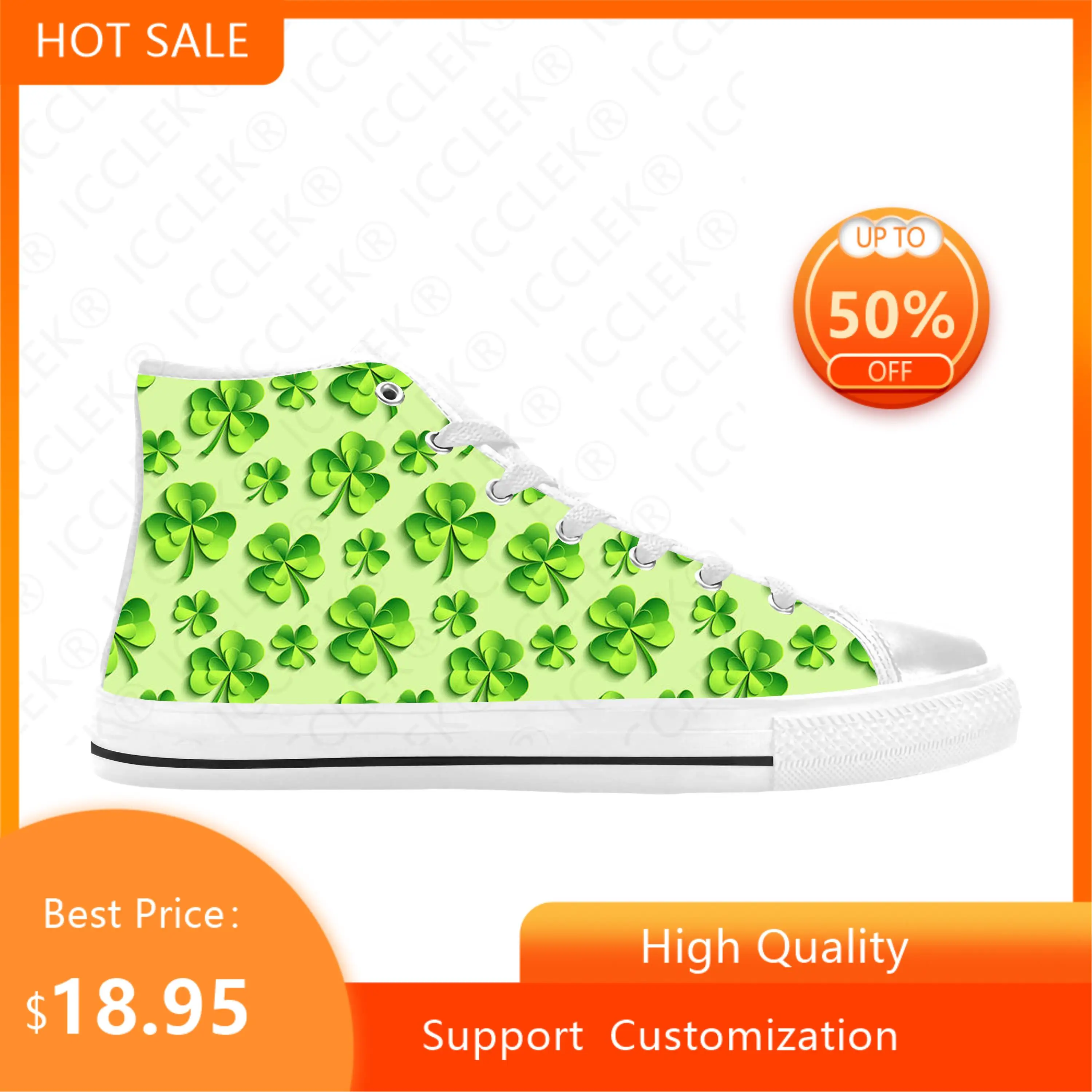 Happy Clover St Patrick's Day Pattern Shamrocks High Top Comfortable Breathable 3D Print Sneakers Mens Womens Casual Cloth Shoes