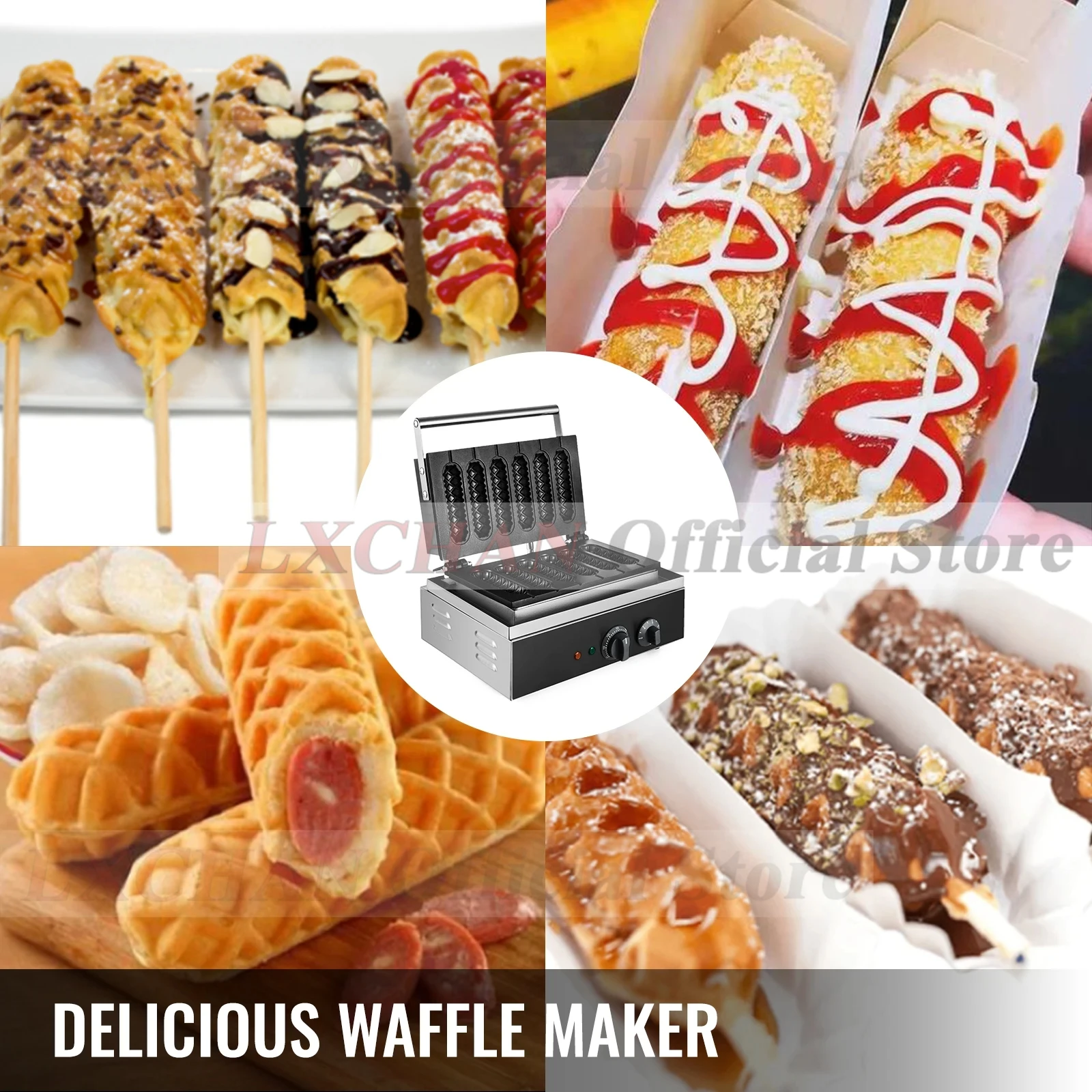 LXCHAN 6PCS Electric Waffle Sausage Maker Non-Stick Lolly Stick Muffin Crispy French Corn Hot Dog Machine Kitchen Home Appliance