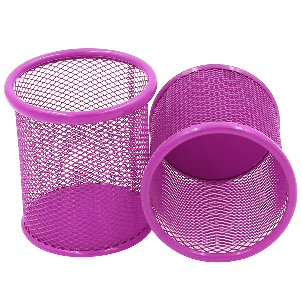 2pcs Round Pencil Holder Container for Desk Organizer Purple Pens Mesh Steel Desktop Supplies Scissors Ruler Storage Cup