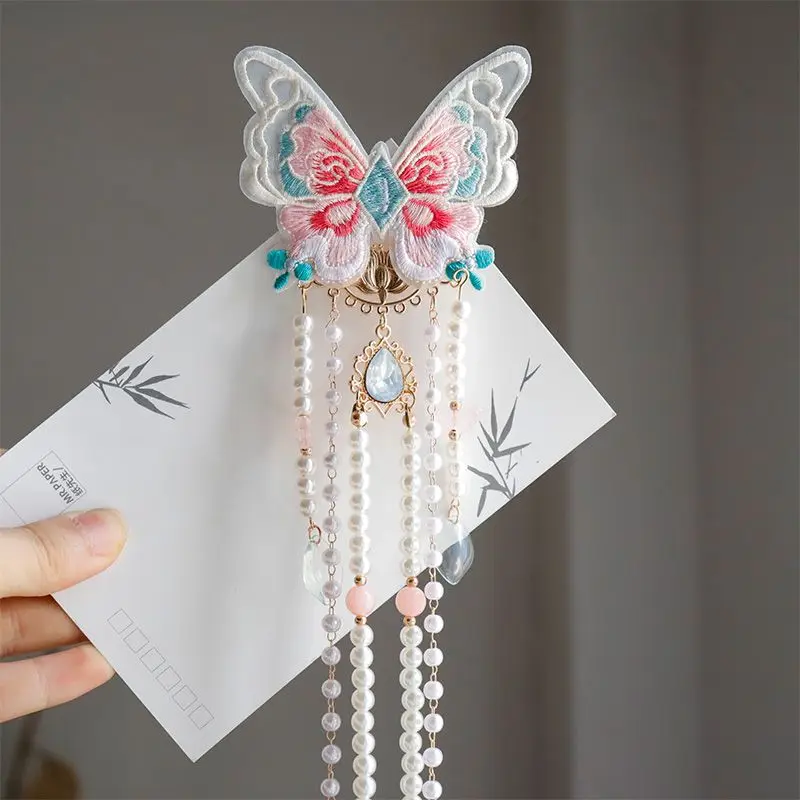 Embroidered Butterfly Flap Pearl Long Tassel Chest Hanging Waist Chain Ornaments Antique Hanfu Back Pressure Accessories Chest