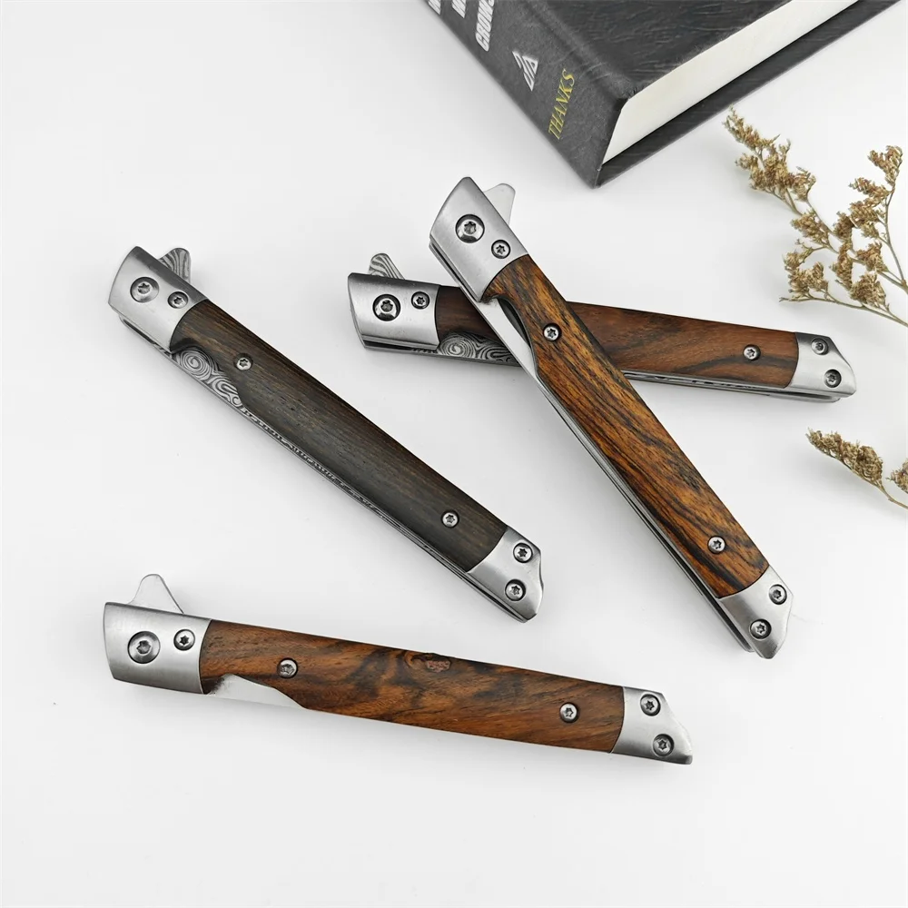 D2 Mini Damascus Pattern Folding Knife Outdoor Knife Self-defense Pocket Knife Slim Blade Comfortable Grip Sharp Blade Gadgets