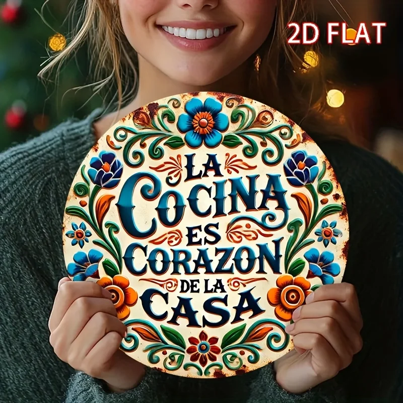 2D Flat, 1pc 2D Flat Printed Round Iron Decorative Sign, Spanish Kitchen Theme, Love Unites, Iron 20×20cm (8×8 inches), Perfect