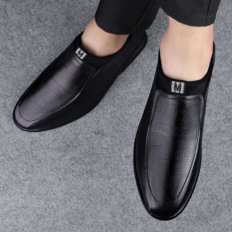 Genuine Leather Business Shoes Flat Slip-on Leather Mens Casual Shoes Senior Brand Male Footwear Mid Top Loafers Black and Brown