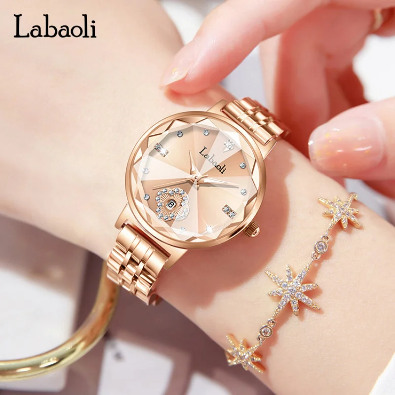 Laboli-Reloj de acero inoxidable para mujer, cronógrafo de cuarzo, resistente al agua, con calendario, Popular, a la moda