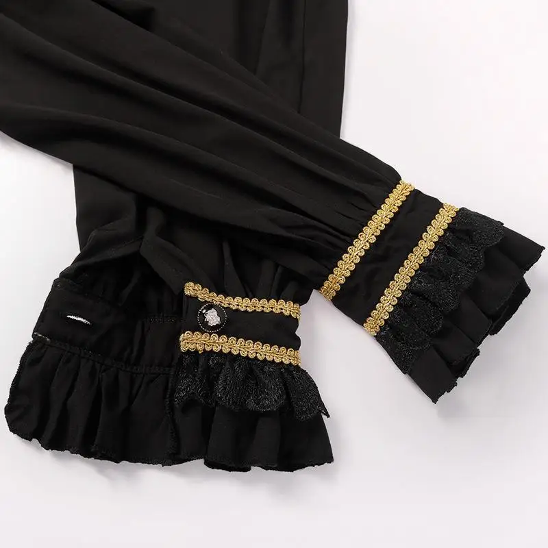 Gothic Long Sve irt with Tie Pleated Cuffs Stand Collar Men's Costume for Performance loween Gentleman's Outfit