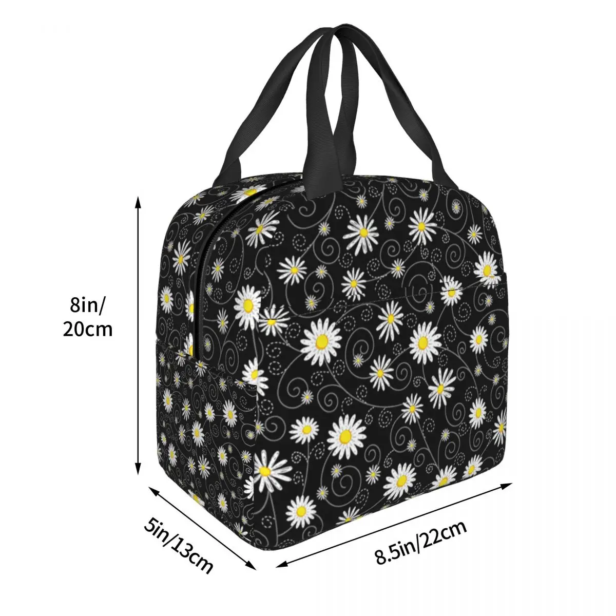 Black Daisy Flower Lunch Bag Daisies Floral Resuable Cooler Thermal Insulated Lunch Box for Women Kids Camping Picnic Food Bag